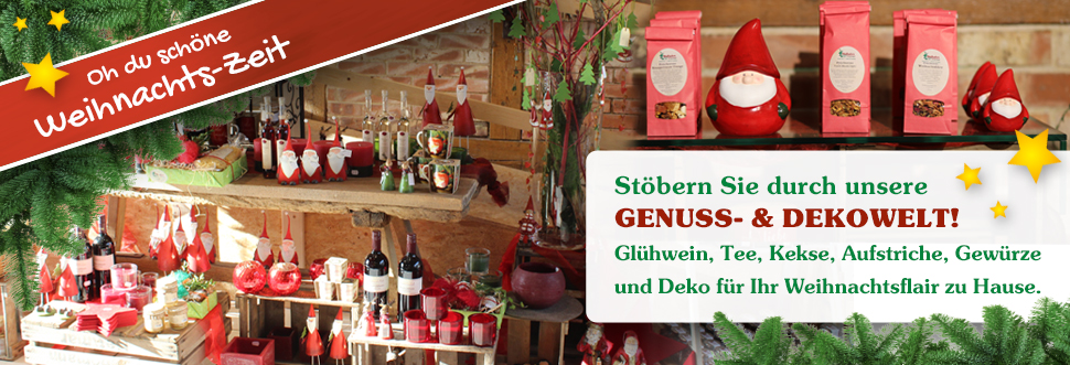 Stöbern Sie durch unsere Genuss- & Dekowelt! Glühwein, Tee, Kekse, Aufstriche, Gewürze und Deko für Ihr Weihnachtsflair zu Hause.